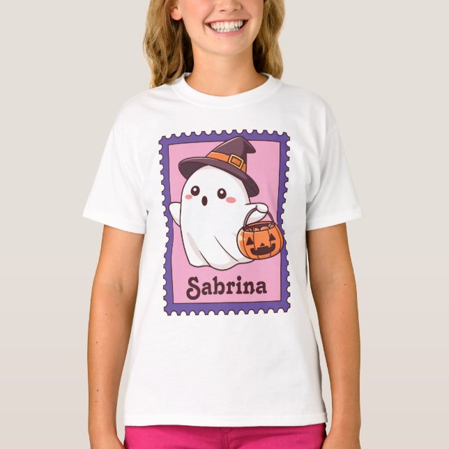 T-shirt Timbre de nom personnalisé Halloween Fantôme Sorci (Devant)