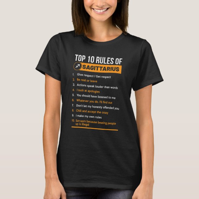 T-shirt Top 10 Règles De Sagittarius Zodiac Signe Horoscop (Devant)