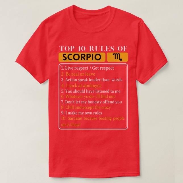 T-shirt Top 10 règles de Scorpio Funny Scorpio Faits Zodia (Design devant)