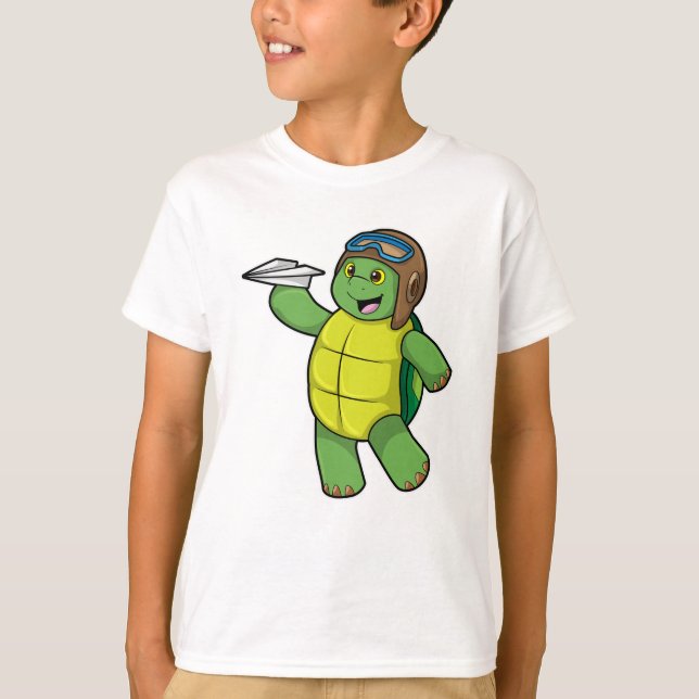 T-shirt Tortue comme pilote avec avion en papier (Devant)