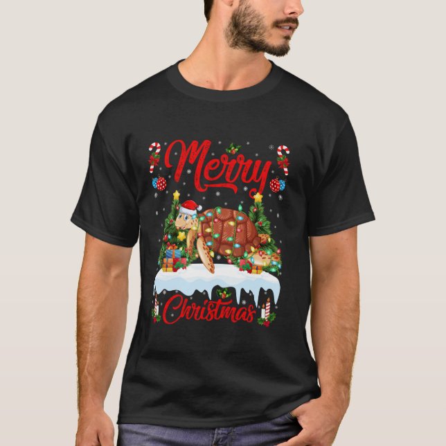 T-shirt Tortue de mer Joyeux sapin Lumières Père Noël Mer  (Devant)