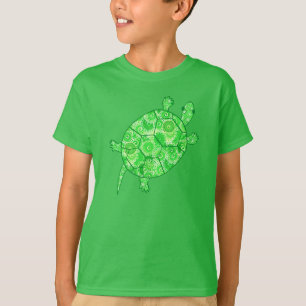 T-shirt Tortue tourbée fractale - chaux et vert émeraude