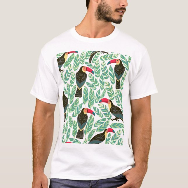 T-shirt Toucans, feuilles tropicaux, motif décoratif. (Devant)