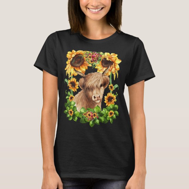 T-shirt Tournesol Cute Pour Femmes Avec Scottish Highland  (Devant)