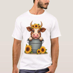 T-shirt Tournesol Vintage Vache Highland dans Seau Floral 