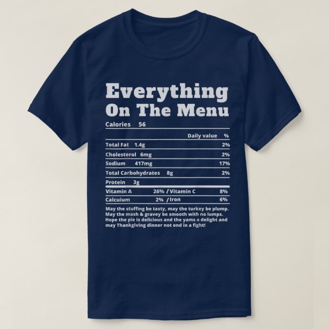 T-shirt Tout Sur Le Menu Faits Nutritionnels Thanksgiv (Design devant)