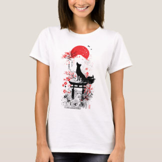 T-shirt Traditional Red Black Japanese Kitsune Fox with Mo