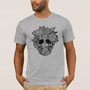T-shirt Trait Gras Tiré Noir & Blanc Floral Crâne à sucre