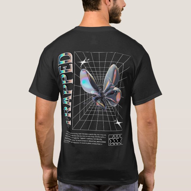 T-shirt TRAPPED – Futuristic Butterfly Y2K Grid Art (Dos)