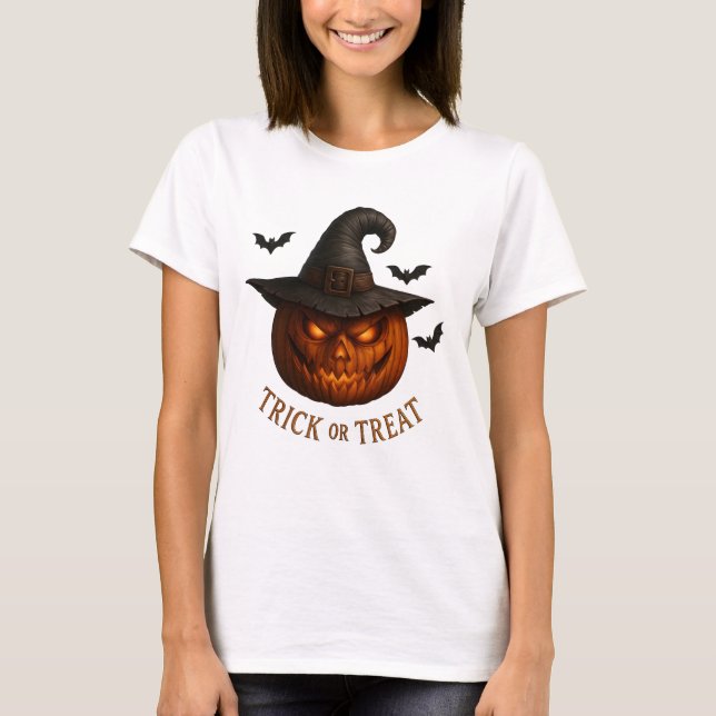T-shirt Trick or Treat Pumpkin Witch Hat Halloween Design (Devant)