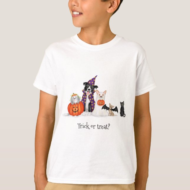 T-shirt Trick ou traitement ? Chiens en costumes d'Hallowe (Devant)
