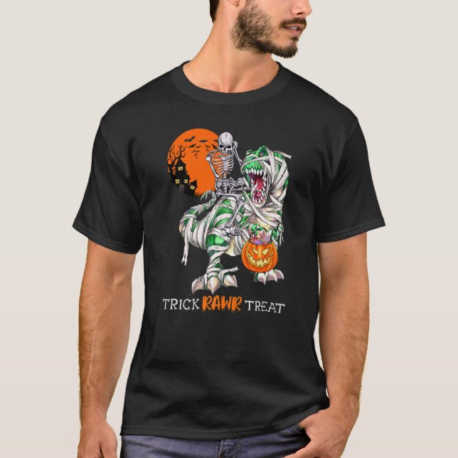 T-shirt Trick Rawr Treat Skeleton Riding Dinosaur Rex Hall (Devant)
