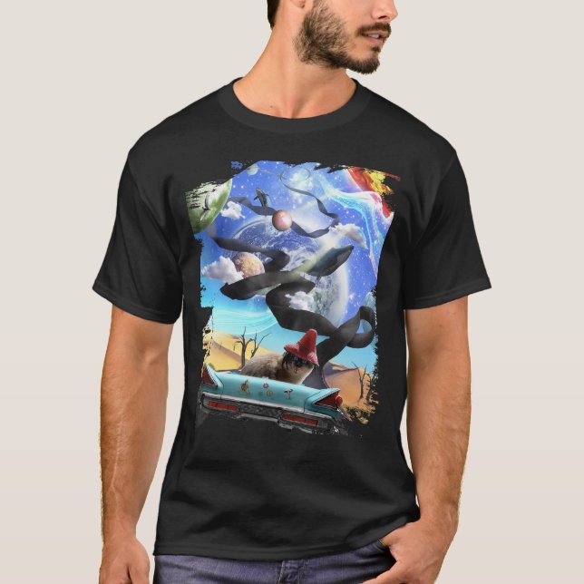 T-shirt Trippy Siamese Chat Voiture Cosmique Conduite Dans (Devant)