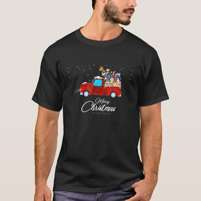 T-shirt Trois Gnomes En Camion Rouge Avec Joyeux Noël Tre (Devant)