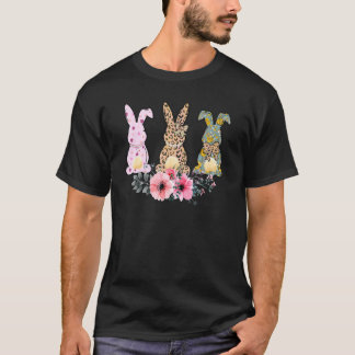 T-shirt Trois lapins Avec Bow Leopard Fleur mignonne Pâque