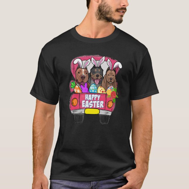 T-shirt Trois Pitbulles dans Camion Bunny Oeufs de chasse  (Devant)