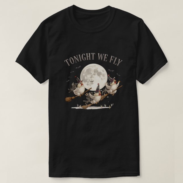 T-shirt Trois poulets sorciers volent devant la lune (Design devant)