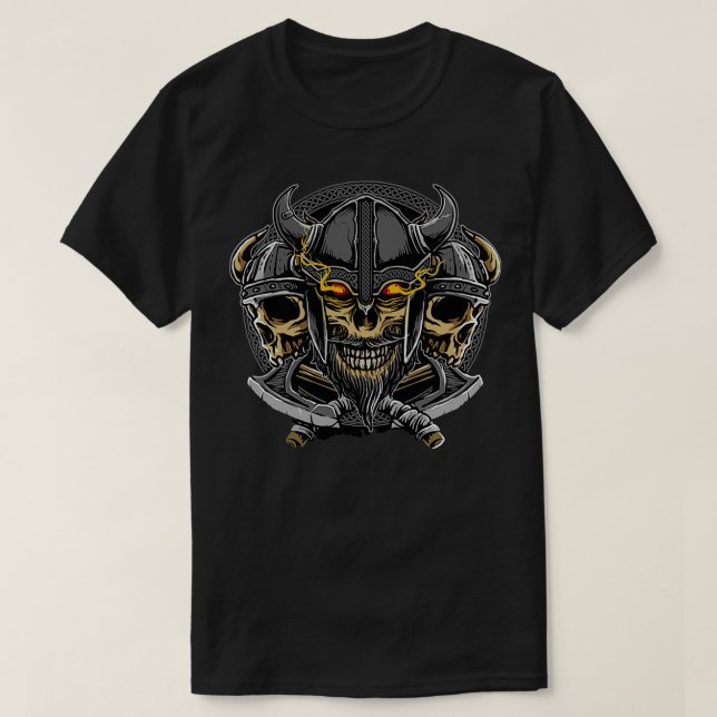 T-shirt Trois Vikings Armorés au crâne avec Axes Classique (Design devant)