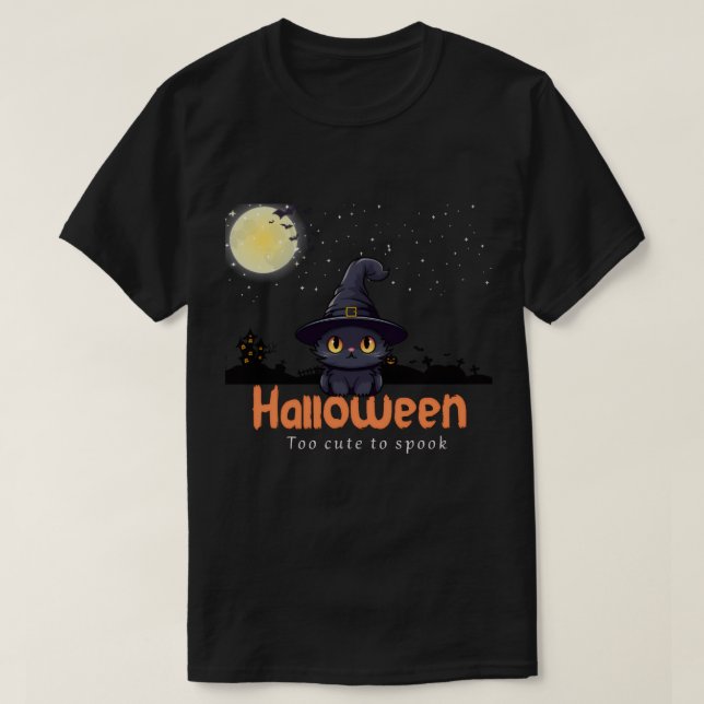 T-shirt Trop mignon pour parler - Chat noir et Halloween C (Design devant)