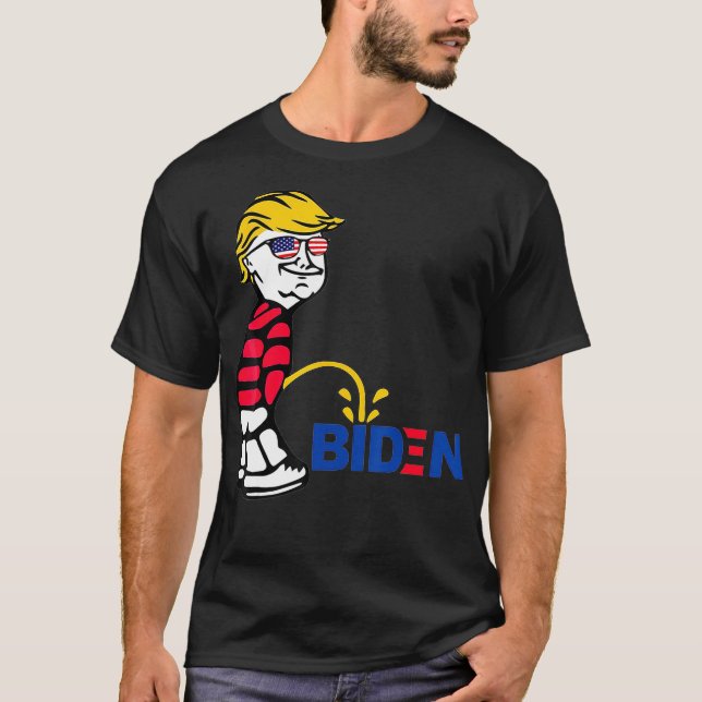T-shirt Trump Flag Sunglasses Peeing Pissing Pee On Biden, (Devant)