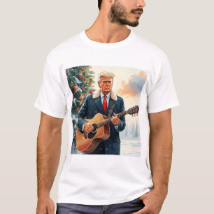 T-shirt Trump jouant à la guitare acoustique par sapin de 