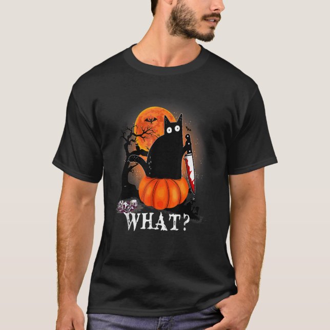 T-shirt Tueur Halloween Lune effrayante Chat noir avec cou (Devant)