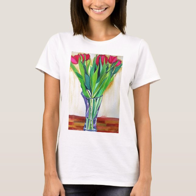 T-shirt tulipe rose et rouge aquarelle art (Devant)