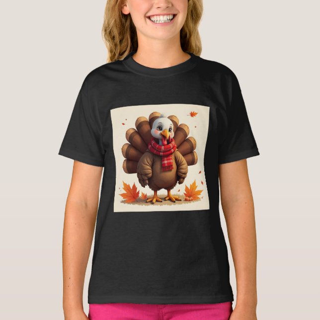 T-shirt Turc mignonne avec Écharpe Plaid & Partir d'automn (Devant)