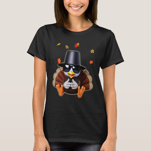 T-shirt Turkey Pilgrim Hat Sunglasses Foliage Confidence H (Devant)