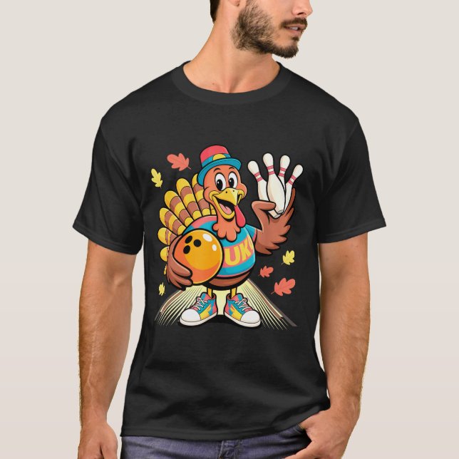 T-shirt Turkey Playing Bowling Thanksgiving Turkey Tail Bo (Devant)