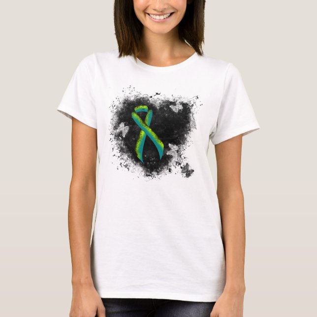 T-shirt Turquoise et Lime Green Grunge Heart (Devant)