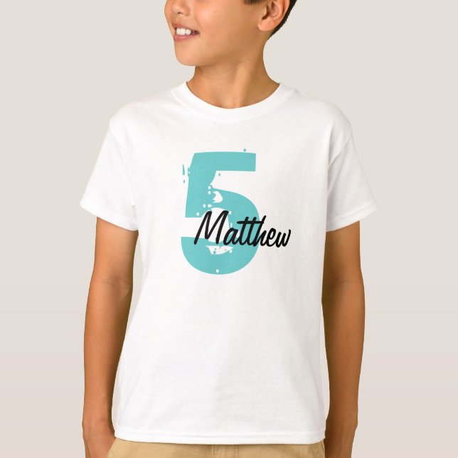 T-shirt turquoise et noir Nom et âge (Devant)