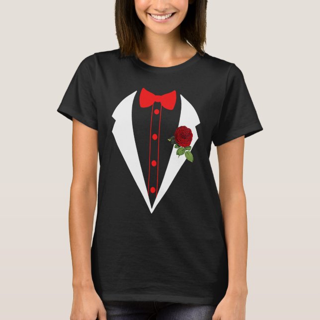 T-shirt Tuxedo Avec Fleur Rouge Mariage Fake Tux Bachelor  (Devant)