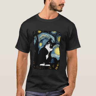T-shirt Tuxedo Chat Starry Nuit Van Gogh Chat Chat Art Cha
