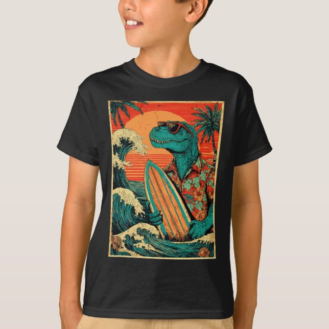 T-shirt Tyrannosaurus Rétro Surfing Été Hawaïen Dinosaure (Devant)
