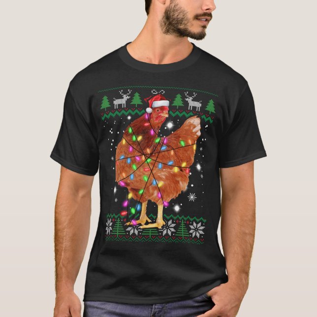 T-shirt Ugly Christmas Chicken Santa Hat Lights Sweater  (Devant)