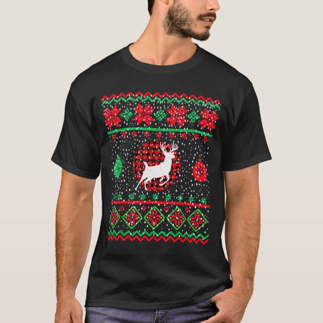 T-shirt Ugly Christmas Sweater Design Plaid Reindeer  (Devant)
