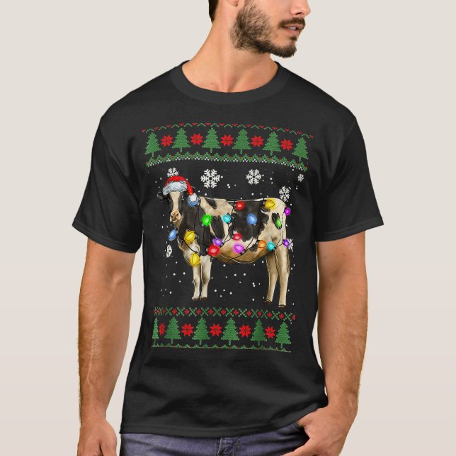 T-shirt Ugly Cow Christmas Sweater Santa Hat And Light Up  (Devant)