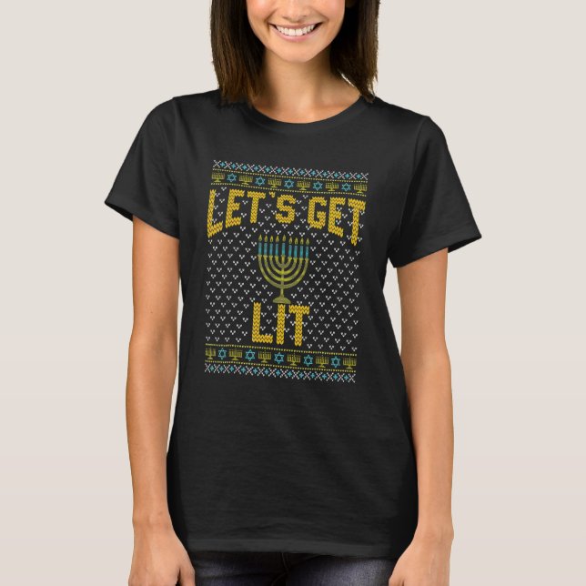T-shirt Ugly Hanukkah Let's Get Lit Drinking (Devant)