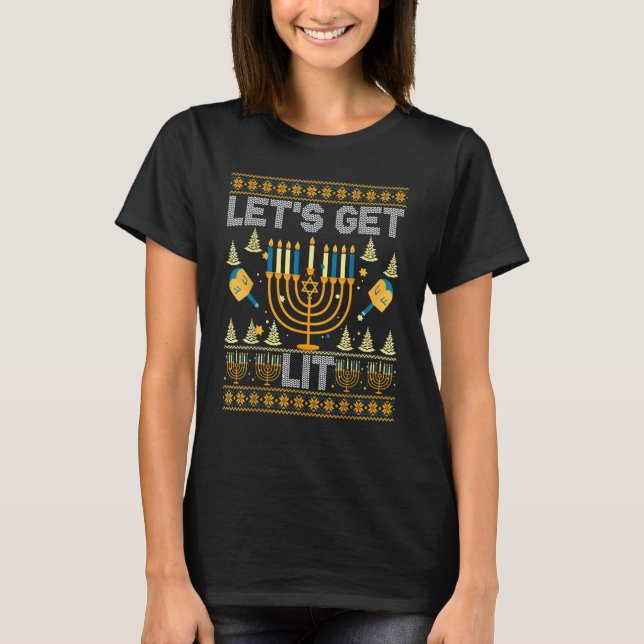 T-shirt Ugly Hanukkah Sweater  Let's Get Lit Drinking Tee (Devant)