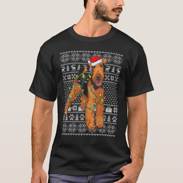 T-shirt Ugly Sweater Style Santa Airedale Terrier Dog Chri (Devant)