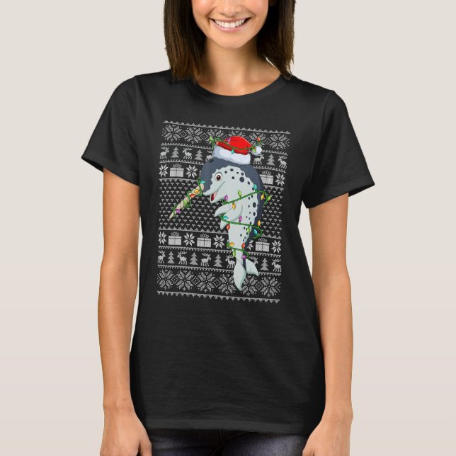 T-shirt Ugly Sweater Style Xmas Lights Santa Narwhal Chris (Devant)