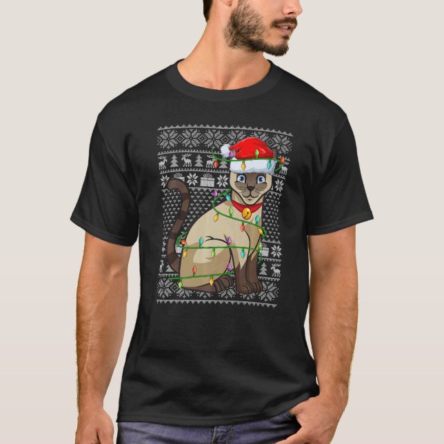 T-shirt Ugly Sweater Style Xmas Lights Santa Siamese Cat C (Devant)