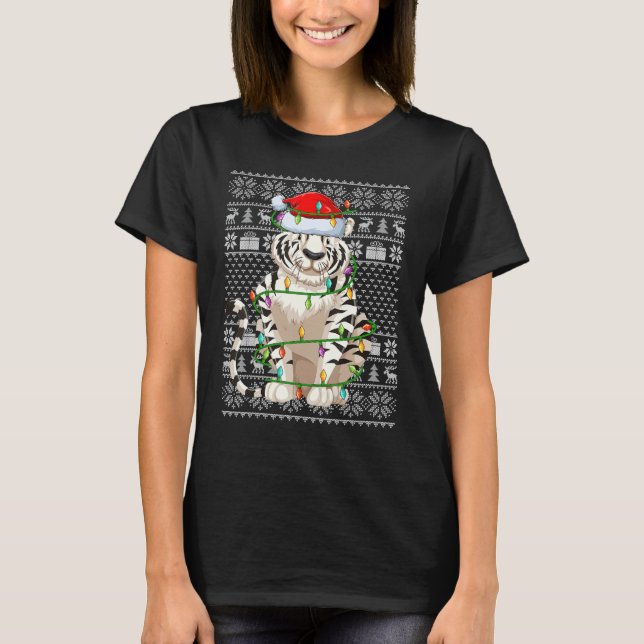 T-shirt Ugly Sweater Style Xmas Lights Santa White Tiger C (Devant)