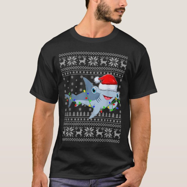 T-shirt Ugly Sweater Xmas Lights Santa Hammerhead Shark Ch (Devant)