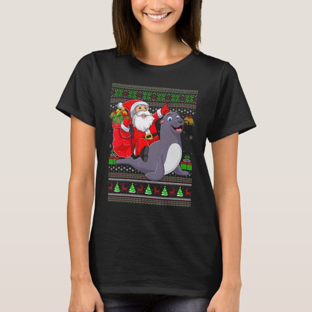 T-shirt Ugly Xmas Santa Riding Seals Christmas (Devant)