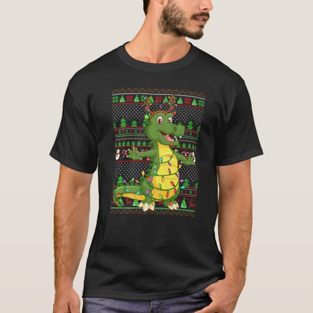 T-shirt Ugly Xmas Sweater Style Lighting Alligator Christm (Devant)