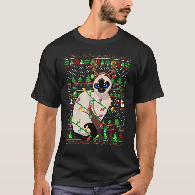 T-shirt Ugly Xmas Sweater Style Lighting Balinese Cat Chri (Devant)