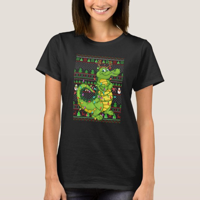 T-shirt Ugly Xmas Sweater Style Lighting Crocodile Christm (Devant)