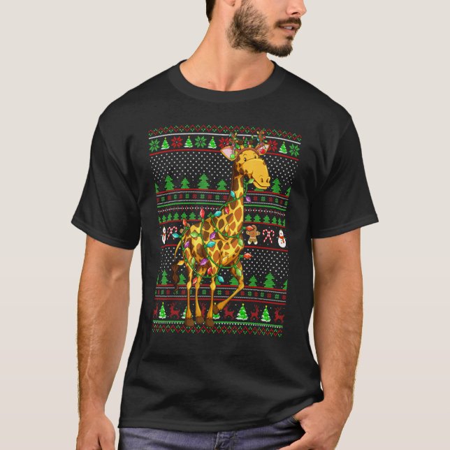 T-shirt Ugly Xmas Sweater Style Lighting Giraffe Christmas (Devant)